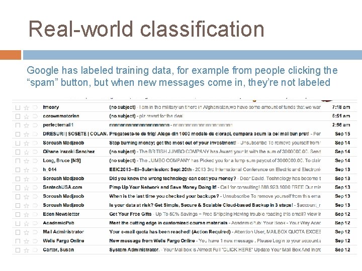 Real-world classification Google has labeled training data, for example from people clicking the “spam”