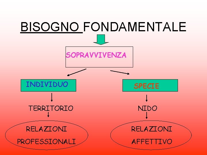 BISOGNO FONDAMENTALE SOPRAVVIVENZA INDIVIDUO TERRITORIO SPECIE NIDO RELAZIONI PROFESSIONALI AFFETTIVO 