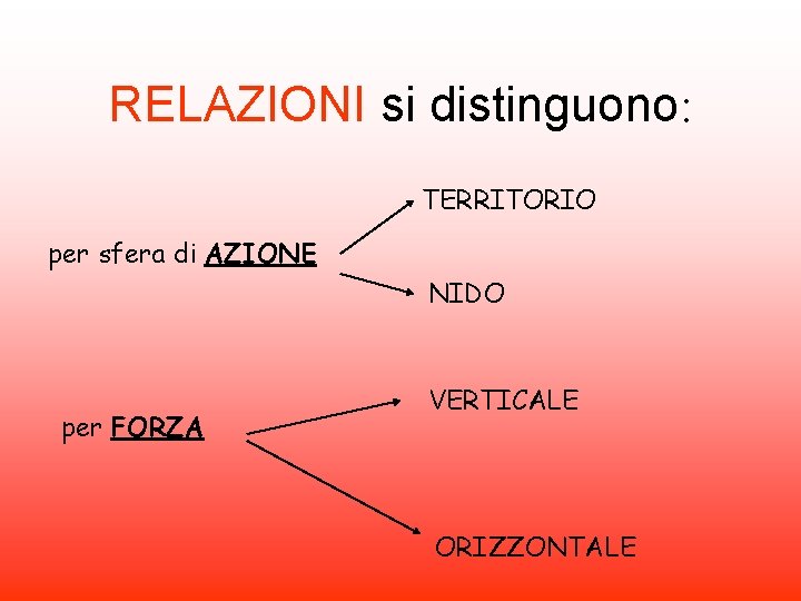 RELAZIONI si distinguono: TERRITORIO per sfera di AZIONE NIDO per FORZA VERTICALE ORIZZONTALE 