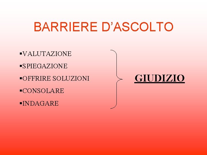 BARRIERE D’ASCOLTO §VALUTAZIONE §SPIEGAZIONE §OFFRIRE SOLUZIONI §CONSOLARE §INDAGARE GIUDIZIO 