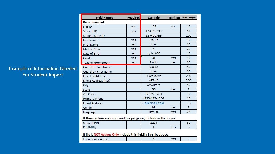 Example of Information Needed For Student Import 