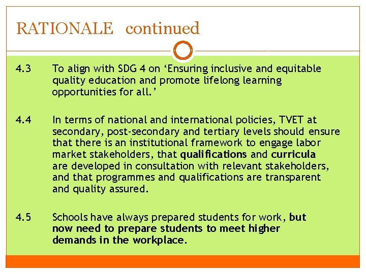 RATIONALE continued 4. 3 To align with SDG 4 on ‘Ensuring inclusive and equitable