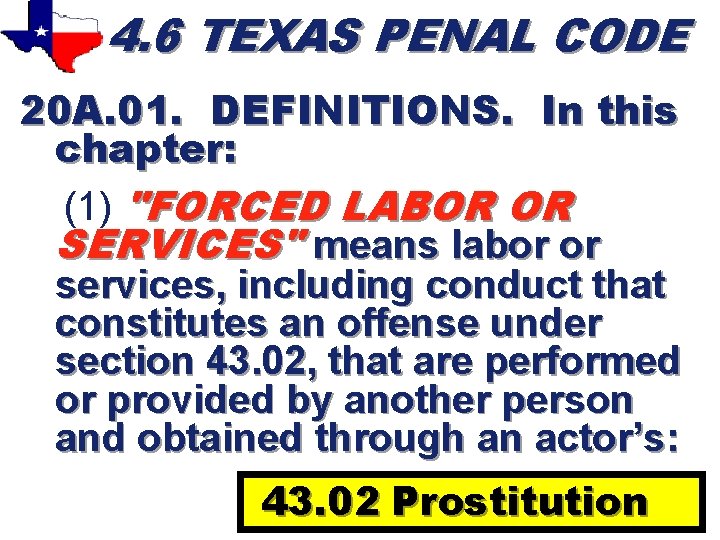 4. 6 TEXAS PENAL CODE 20 A. 01. DEFINITIONS. In this chapter: (1) "FORCED