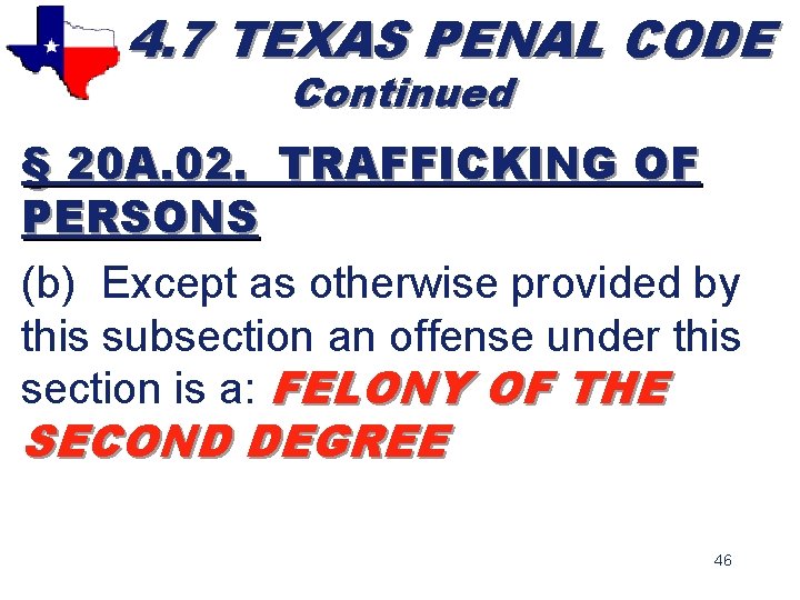 4. 7 TEXAS PENAL CODE Continued § 20 A. 02. TRAFFICKING OF PERSONS (b)