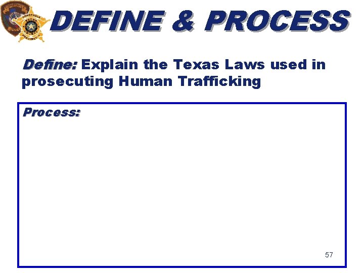 DEFINE & PROCESS Define: Explain the Texas Laws used in prosecuting Human Trafficking Process: