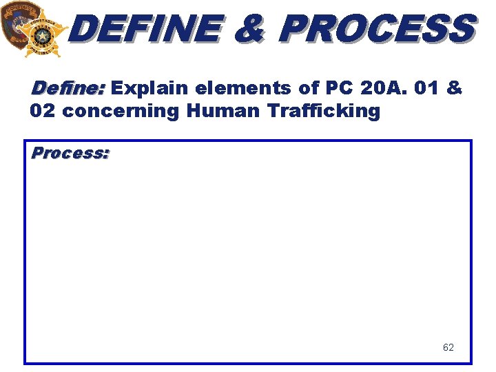DEFINE & PROCESS Define: Explain elements of PC 20 A. 01 & 02 concerning