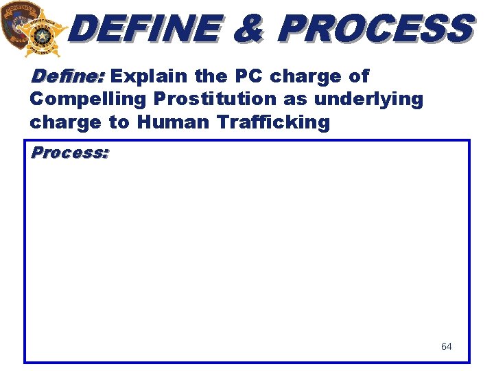 DEFINE & PROCESS Define: Explain the PC charge of Compelling Prostitution as underlying charge