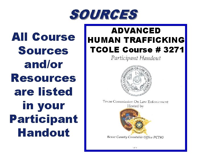 SOURCES All Course Sources and/or Resources are listed in your Participant Handout ADVANCED HUMAN