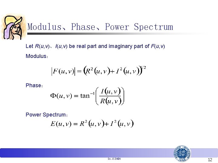 Modulus、Phase、Power Spectrum Let R(u, v)、I(u, v) be real part and imaginary part of F(u,