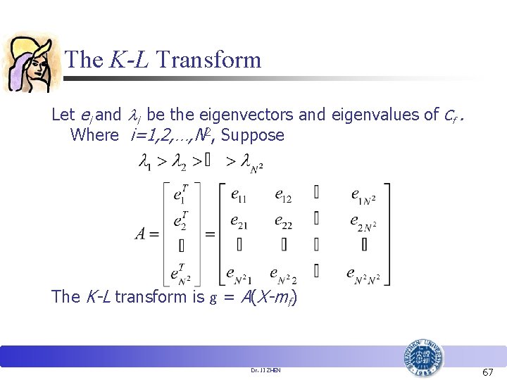 The K-L Transform Let ei and i be the eigenvectors and eigenvalues of Cf.