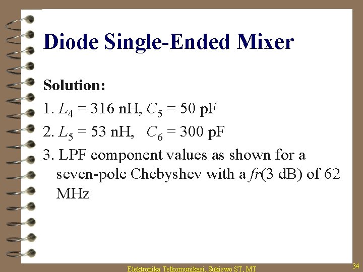 Diode Single-Ended Mixer Solution: 1. L 4 = 316 n. H, C 5 =