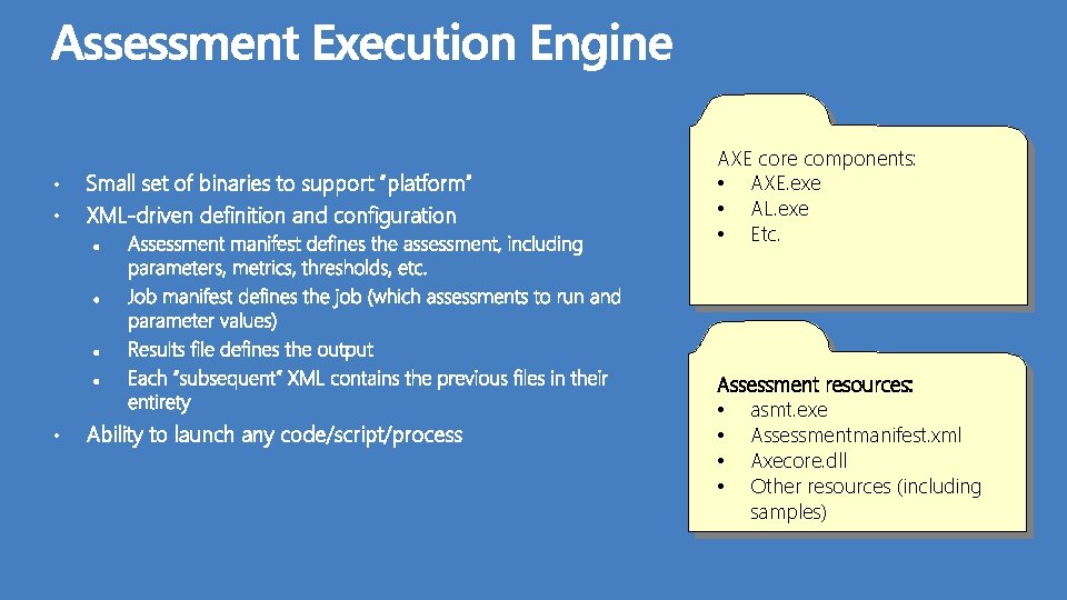 • • • Small set of binaries to support “platform” XML-driven definition and