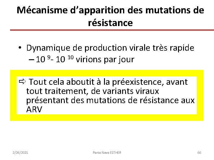 Mécanisme d’apparition des mutations de résistance • Dynamique de production virale très rapide – Mécanisme d’apparition des mutations de résistance • Dynamique de production virale très rapide –