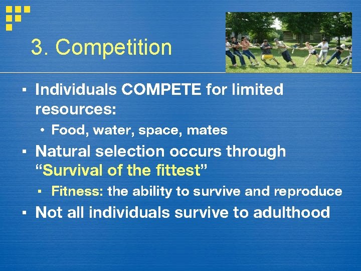 3. Competition ▪ Individuals COMPETE for limited resources: • Food, water, space, mates ▪