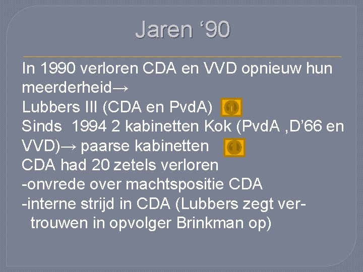 Jaren ‘ 90 In 1990 verloren CDA en VVD opnieuw hun meerderheid→ Lubbers III