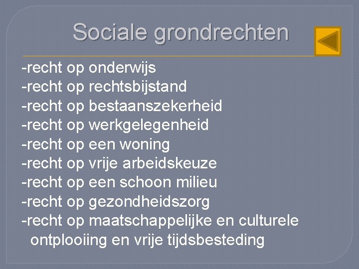 Sociale grondrechten -recht op onderwijs -recht op rechtsbijstand -recht op bestaanszekerheid -recht op werkgelegenheid