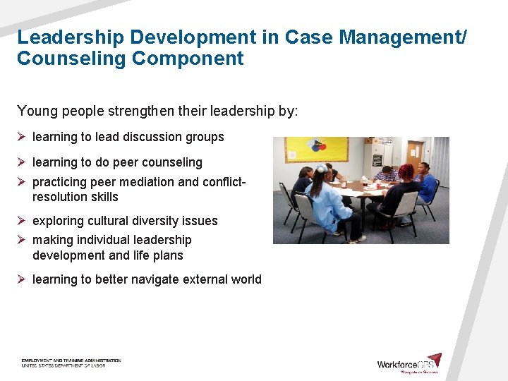 Leadership Development in Case Management/ Counseling Component Young people strengthen their leadership by: Ø