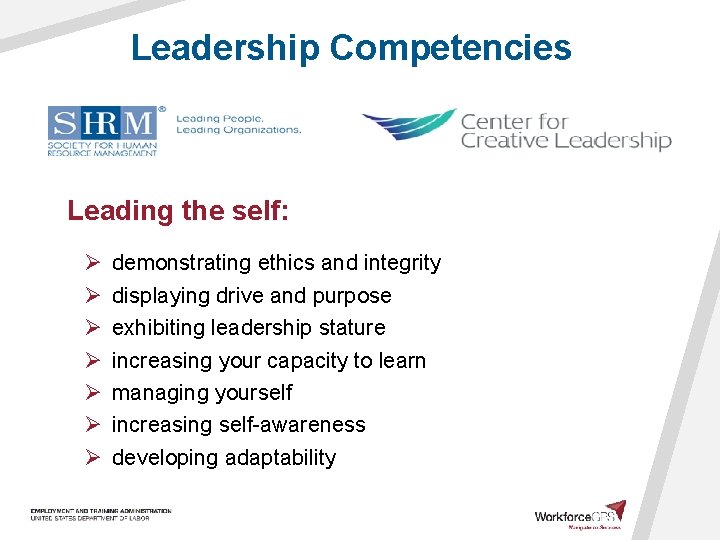 Leadership Competencies Leading the self: Ø Ø Ø Ø demonstrating ethics and integrity displaying