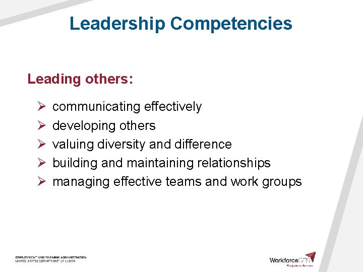 Leadership Competencies Leading others: Ø Ø Ø communicating effectively developing others valuing diversity and