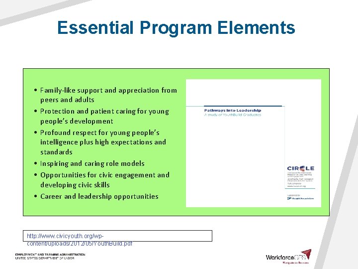 Essential Program Elements • Family-like support and appreciation from peers and adults • Protection