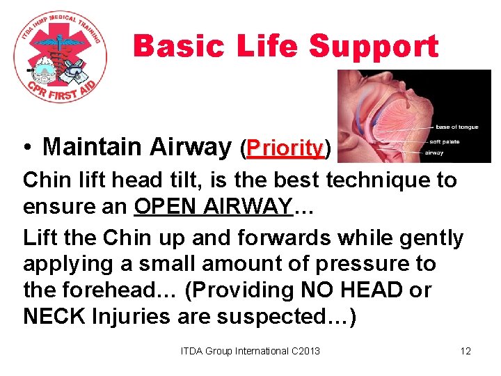 Basic Life Support • Maintain Airway (Priority) Priority Chin lift head tilt, is the