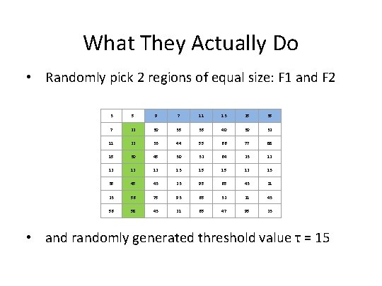 What They Actually Do • Randomly pick 2 regions of equal size: F 1