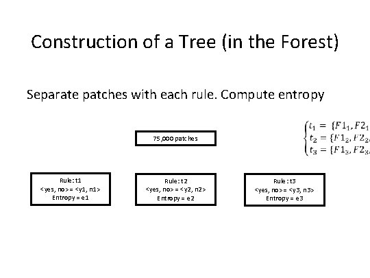 Construction of a Tree (in the Forest) Separate patches with each rule. Compute entropy