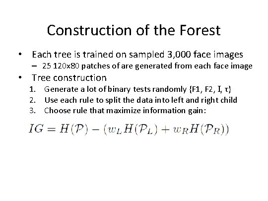 Construction of the Forest • Each tree is trained on sampled 3, 000 face