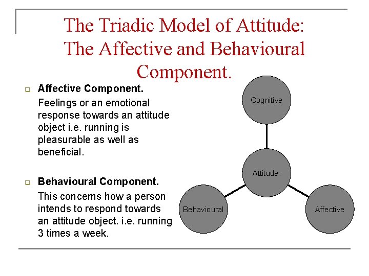 The Triadic Model of Attitude: The Affective and Behavioural Component. q q Affective Component. The Triadic Model of Attitude: The Affective and Behavioural Component. q q Affective Component.