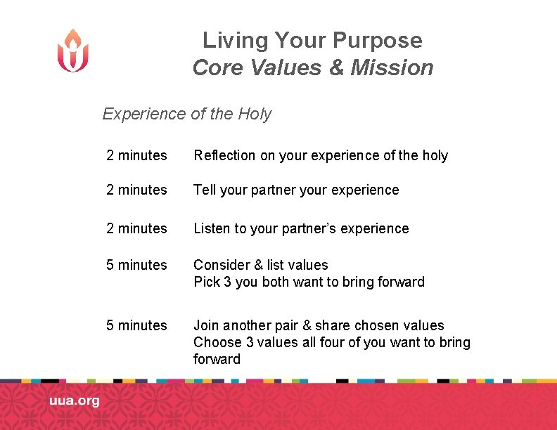 Living Your Purpose Core Values & Mission Experience of the Holy 2 minutes Reflection