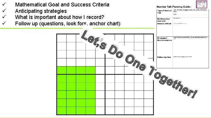 ü ü Mathematical Goal and Success Criteria Anticipating strategies What is important about how