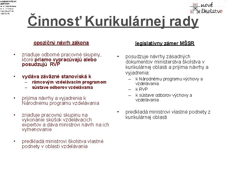 Činnosť Kurikulárnej rady opozičný návrh zákona • zriaďuje odborné pracovné skupiny, ktoré priamo vypracúvajú