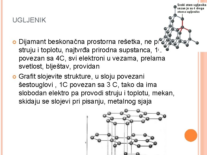 UGLJENIK Dijamant beskonačna prostorna rešetka, ne provodi struju i toplotu, najtvrđa prirodna supstanca, 1