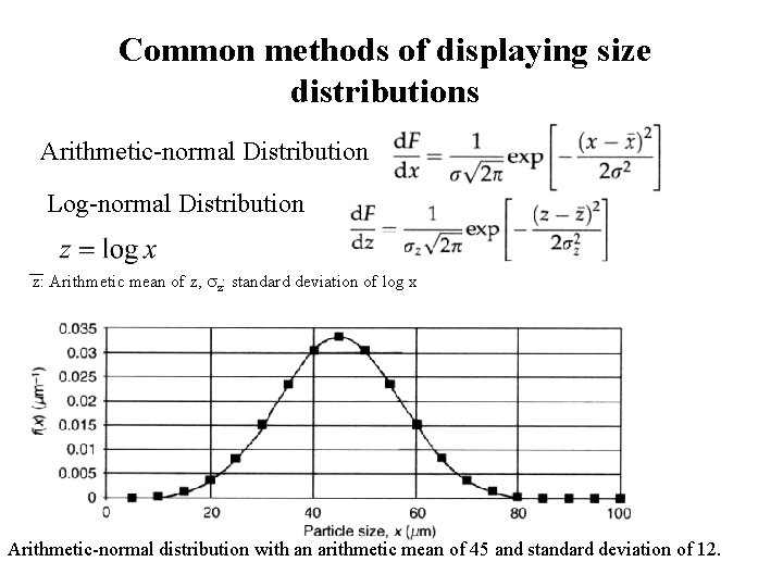 Common methods of displaying size distributions Arithmetic-normal Distribution Log-normal Distribution z: Arithmetic mean of