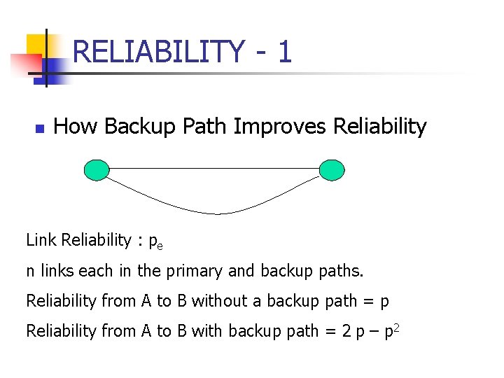 RELIABILITY - 1 n How Backup Path Improves Reliability Link Reliability : pe n