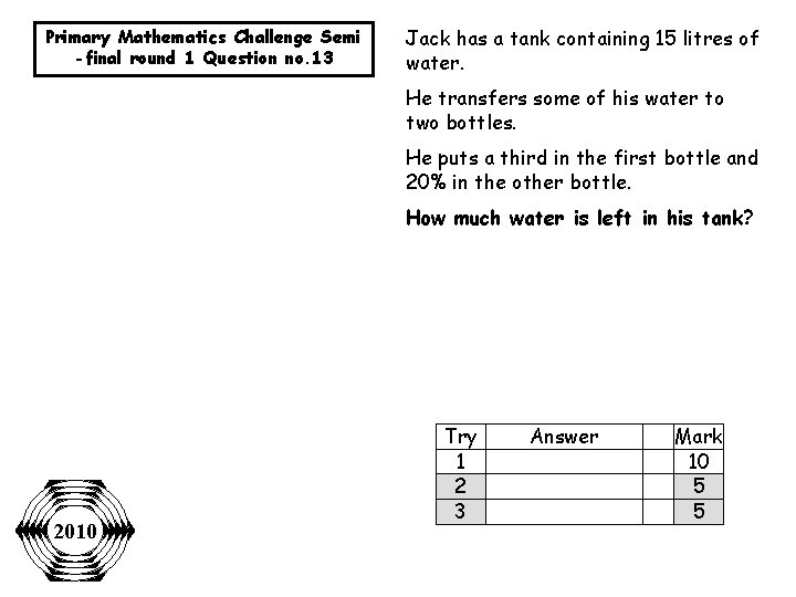 Primary Mathematics Challenge Semi -final round 1 Question no. 13 Jack has a tank