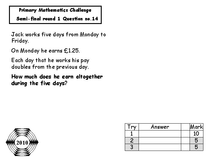 Primary Mathematics Challenge Semi-final round 1 Question no. 14 Jack works five days from