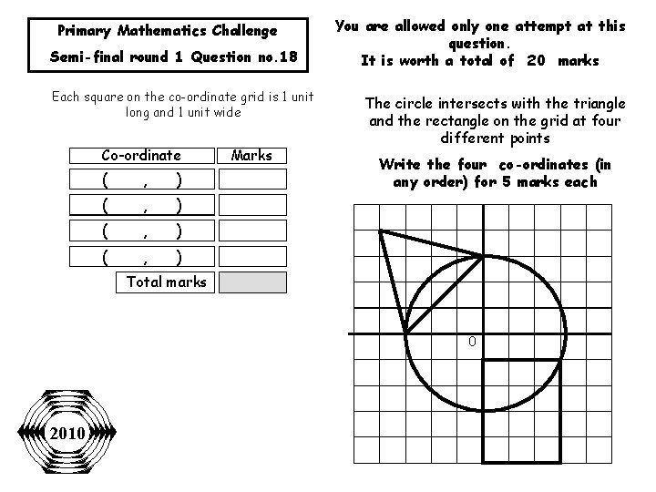 Primary Mathematics Challenge Semi-final round 1 Question no. 18 Each square on the co-ordinate