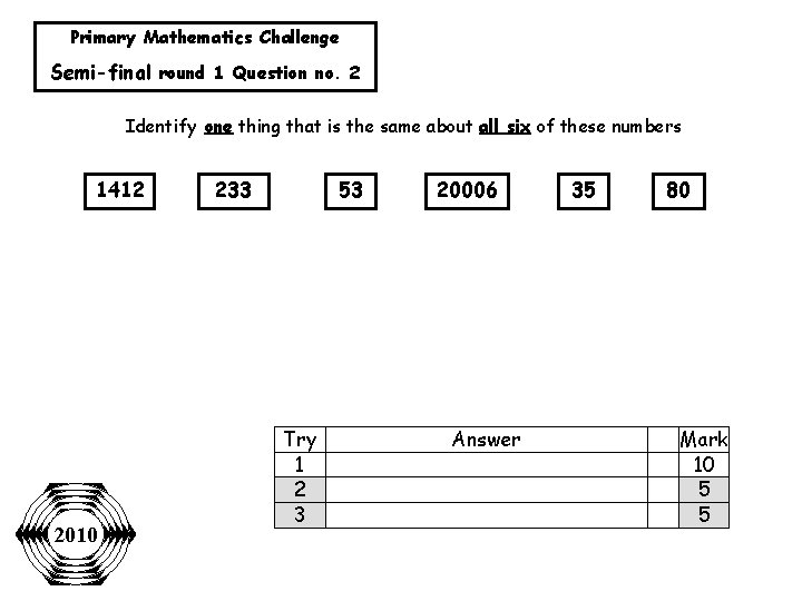 Primary Mathematics Challenge Semi-final round 1 Question no. 2 Identify one thing that is