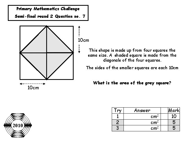 Primary Mathematics Challenge Semi-final round 2 Question no. 7 10 cm This shape is