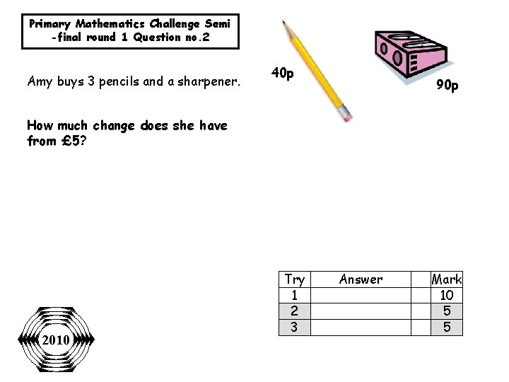 Primary Mathematics Challenge Semi -final round 1 Question no. 2 Amy buys 3 pencils