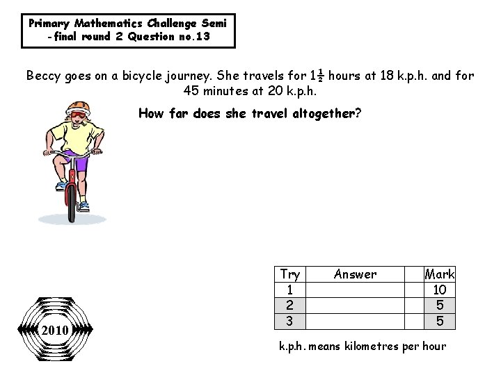 Primary Mathematics Challenge Semi -final round 2 Question no. 13 Beccy goes on a