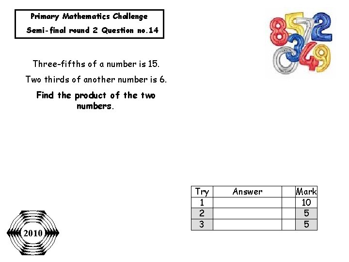 Primary Mathematics Challenge Semi-final round 2 Question no. 14 Three-fifths of a number is