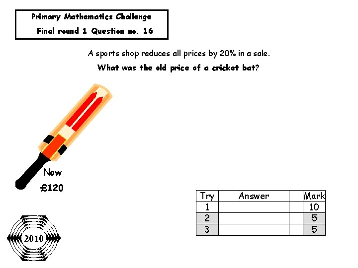 Primary Mathematics Challenge Final round 1 Question no. 16 A sports shop reduces all