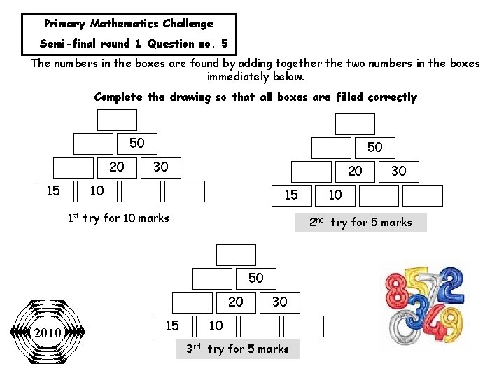 Primary Mathematics Challenge Semi-final round 1 Question no. 5 The numbers in the boxes