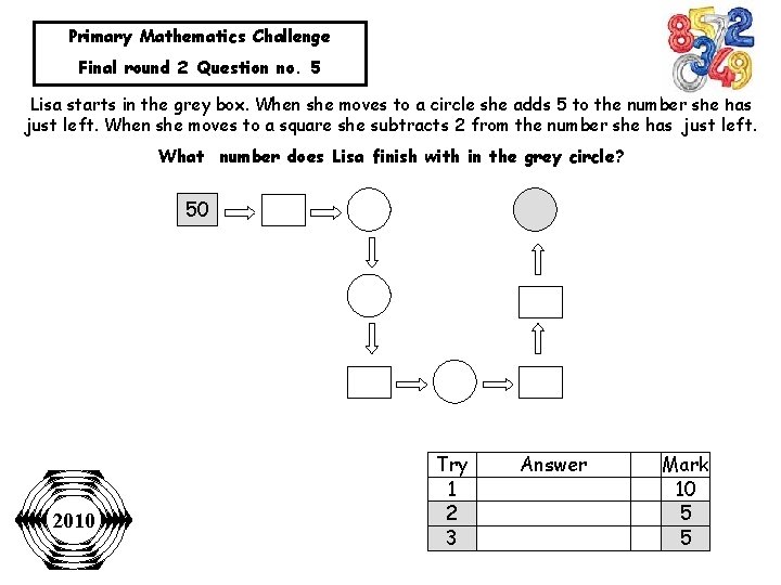 Primary Mathematics Challenge Final round 2 Question no. 5 Lisa starts in the grey
