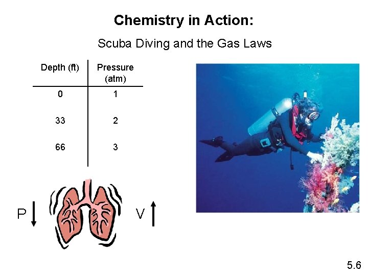 Chemistry in Action: Scuba Diving and the Gas Laws P Depth (ft) Pressure (atm)