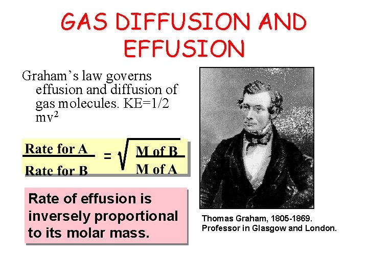 GAS DIFFUSION AND EFFUSION Graham’s law governs effusion and diffusion of gas molecules. KE=1/2