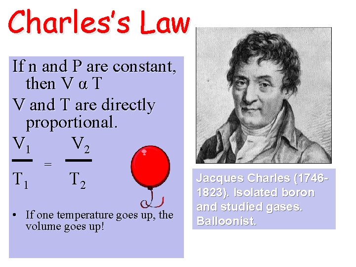 Charles’s Law If n and P are constant, then V α T V and