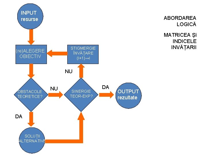 INPUT resurse ABORDAREA LOGICĂ MATRICEA Și INDICELE INVĂȚARII STIGMERGIE ÎNVĂȚARE (i+1)→i (re)ALEGERE OBIECTIV NU